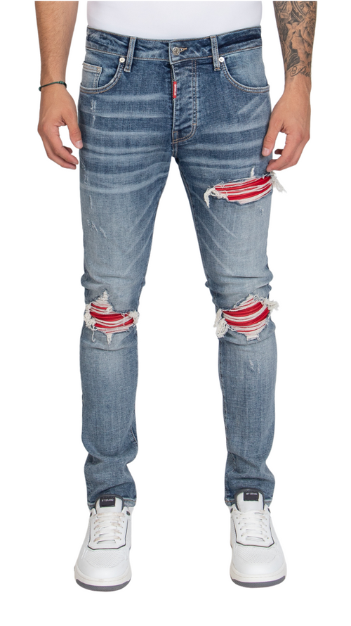 RED RIPPED BIKER JEANS, RED LABEL | DENIM
