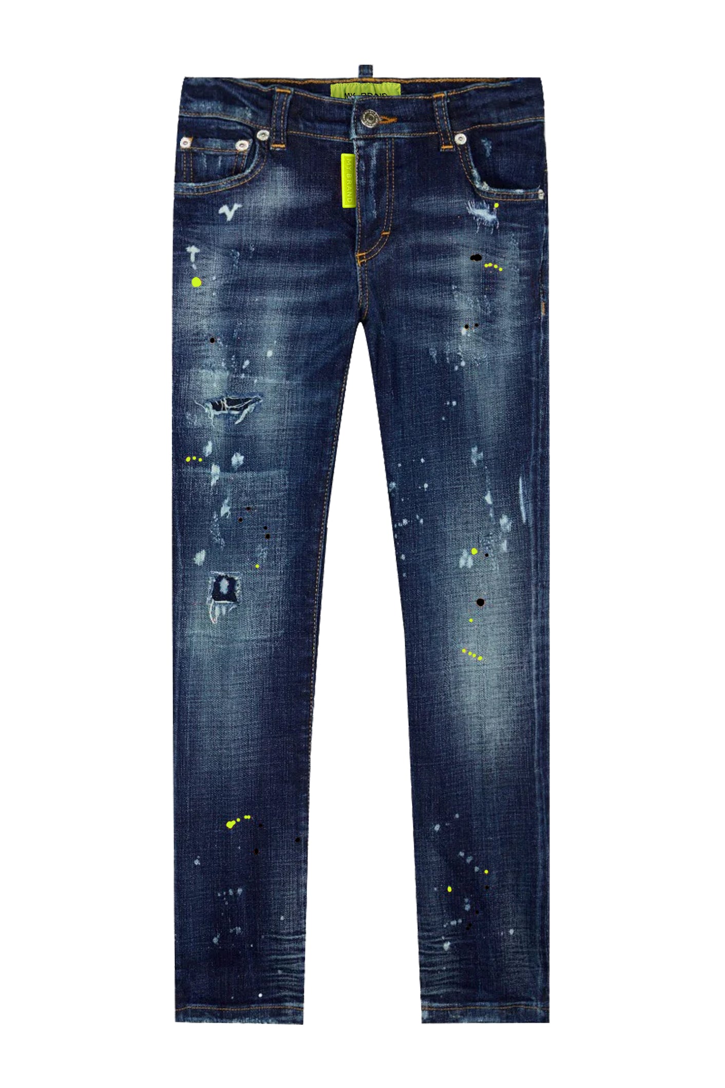 Blue Distressed Neon Yellow Jeans