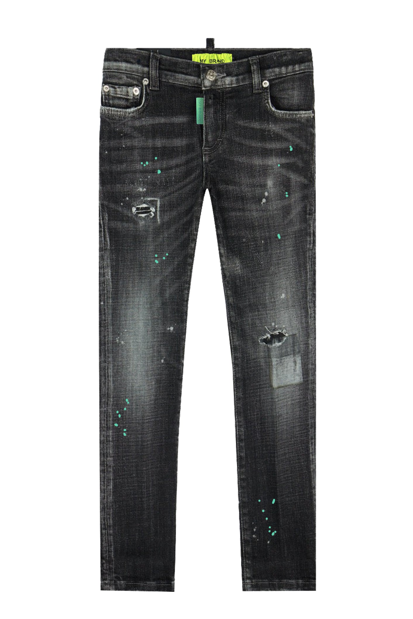Black Distressed Neon Green Jeans