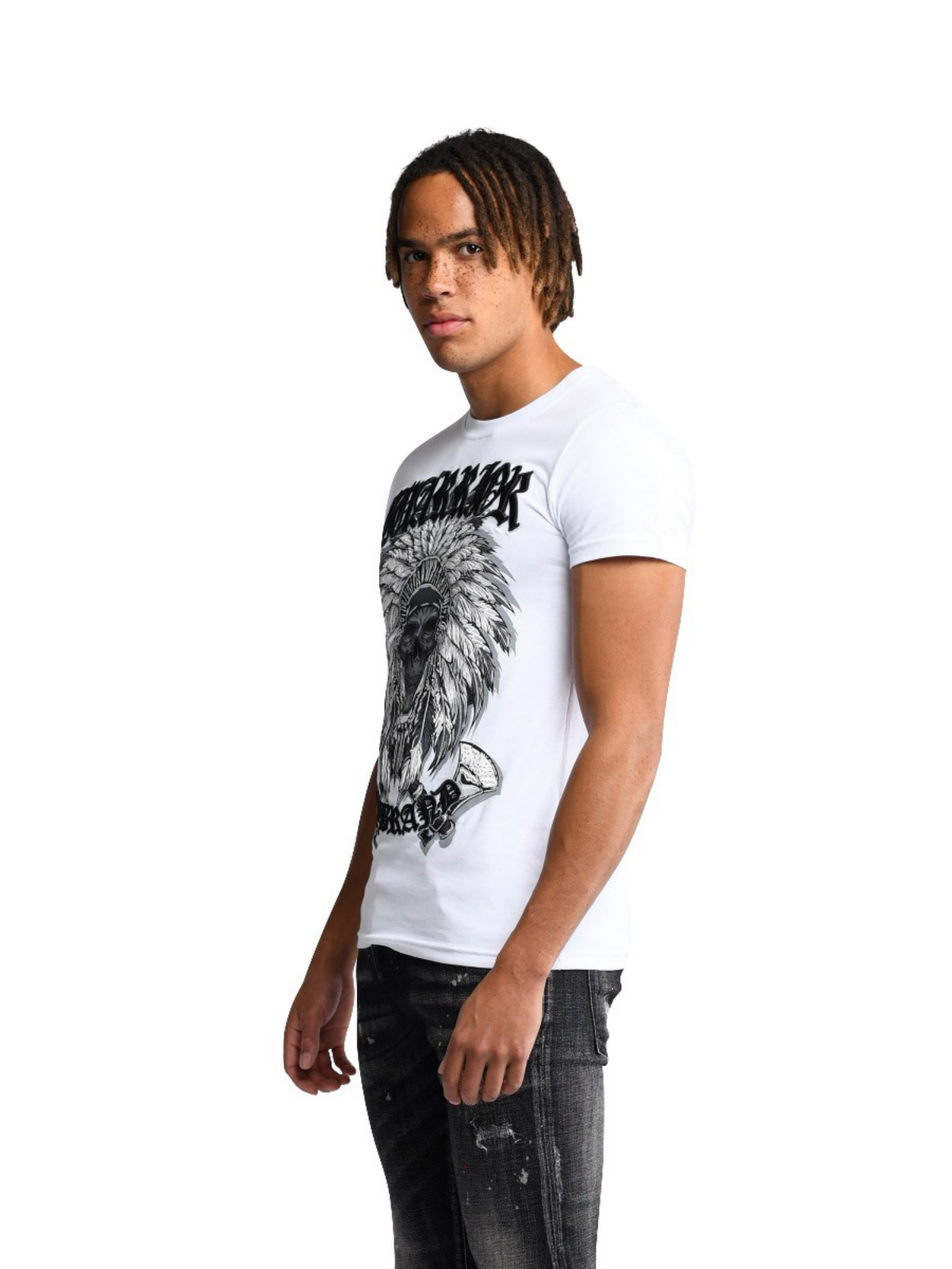 Warrior Indian Skull T-Shirt Grey | WHITE